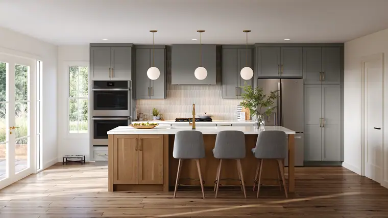 Gray cabinetry paired with a natural wood island