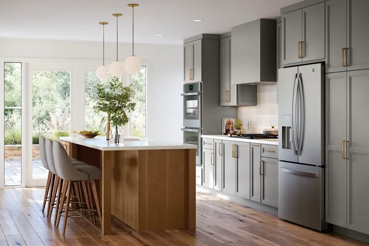 Gray-and-wood kitchen with floor-to-ceiling windows