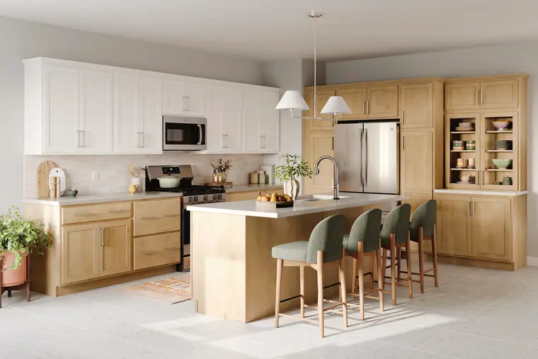 Maple and white kitchen with a bright center island