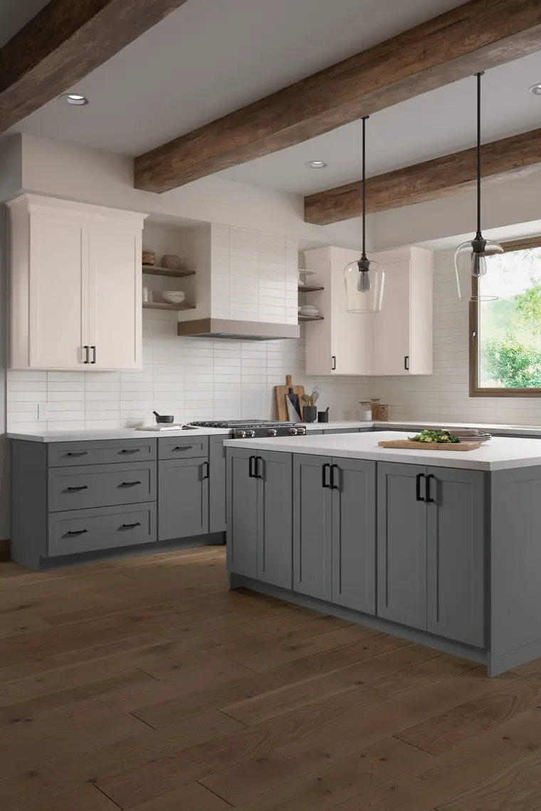 Gray white beam kitchen