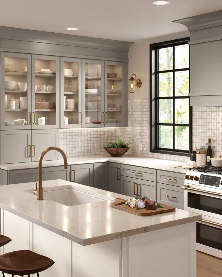 Greige brass island kitchen