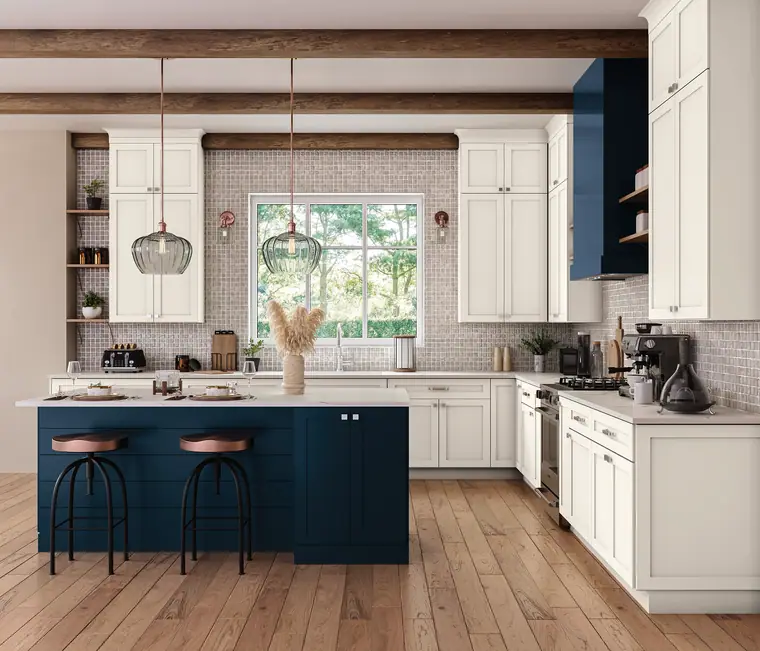 Greige navy island kitchen