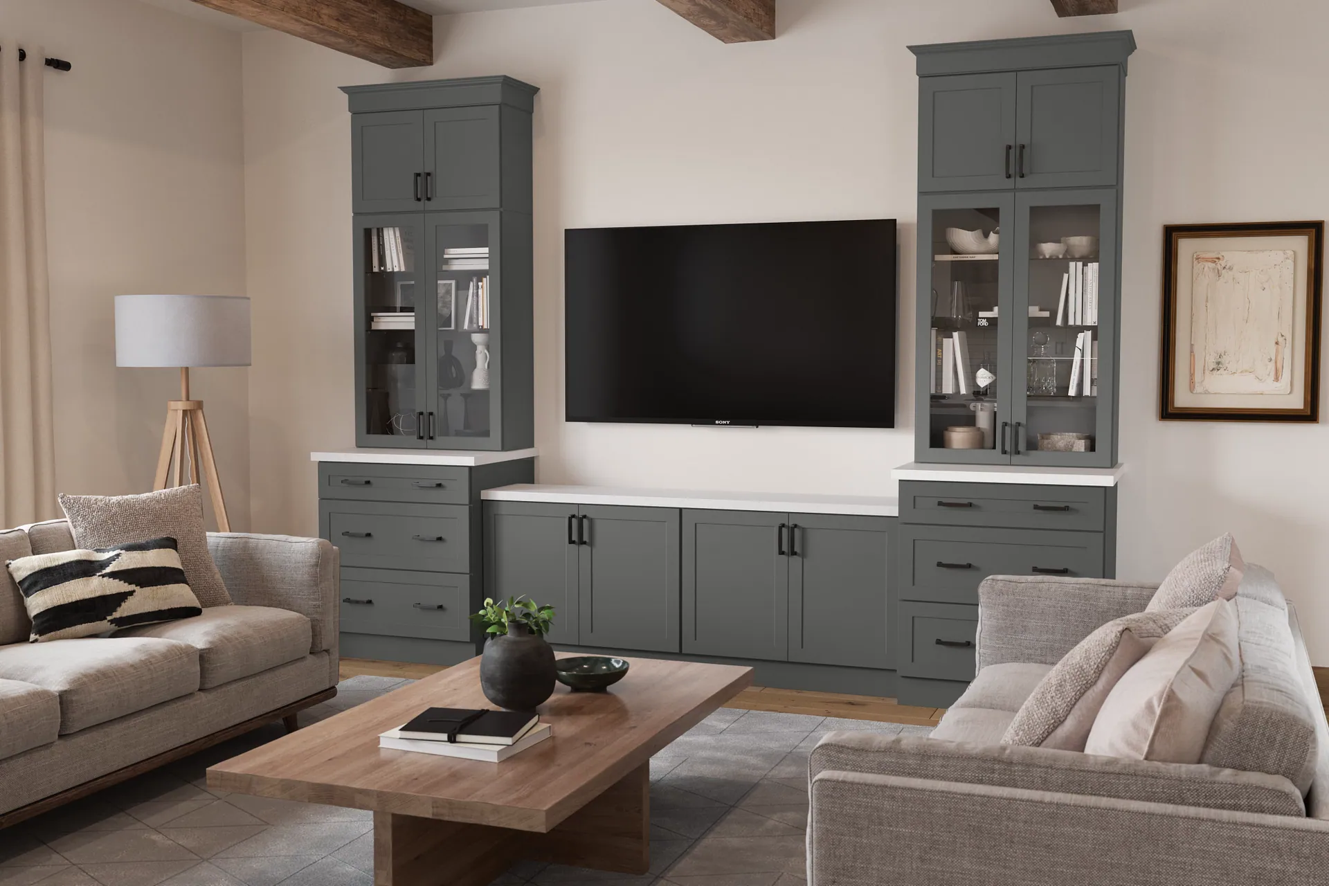 Custom gray media wall with built-in cabinetry framing a living-room television