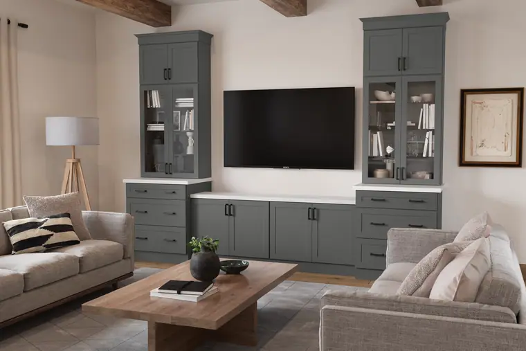Custom gray media wall with built-in cabinetry