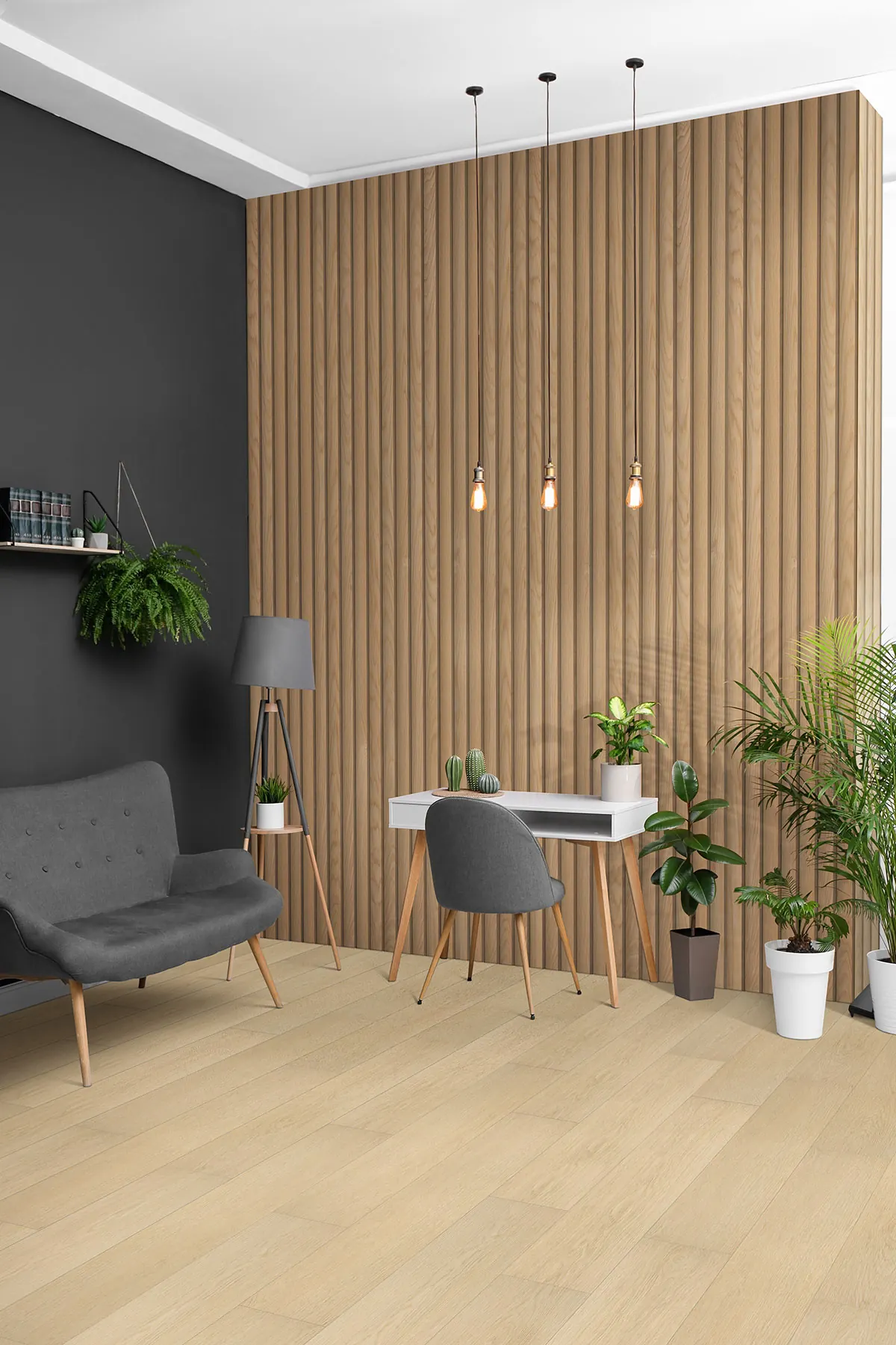 Acoustic wood slat wall panel in a warm modern room
