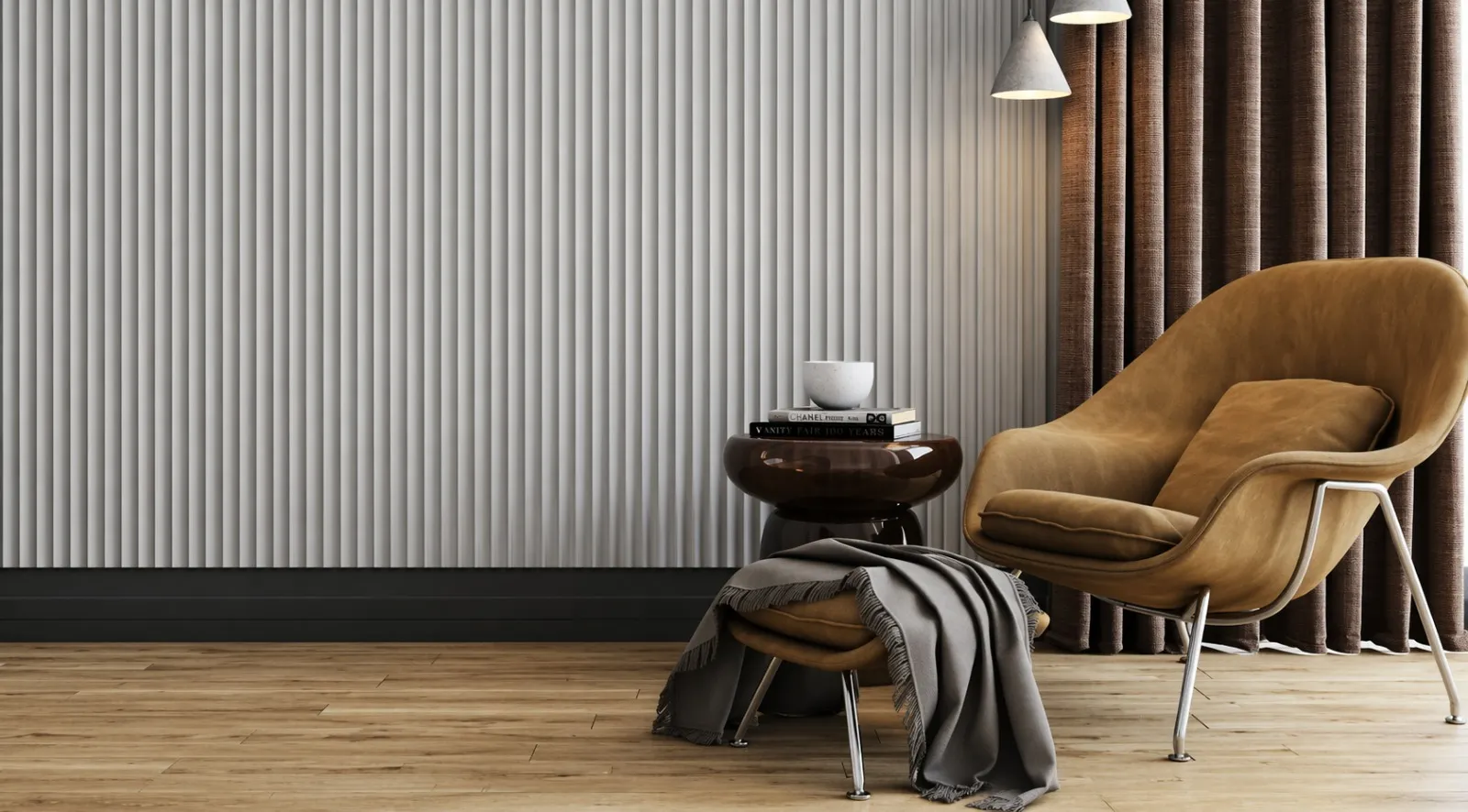 Light wood slat wall panels installed as a modern feature wall