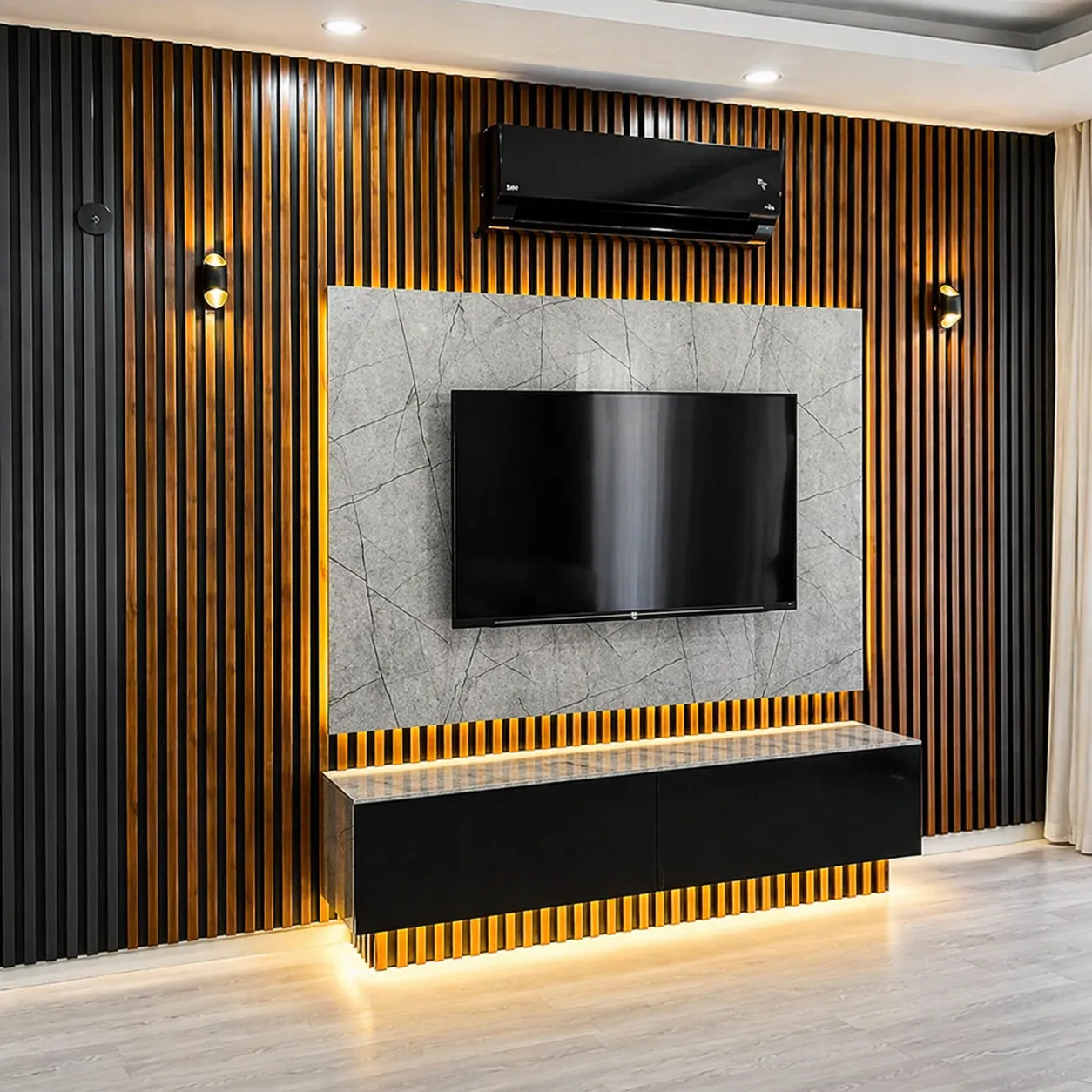 TV wall with acoustic slats and PVC marble panels